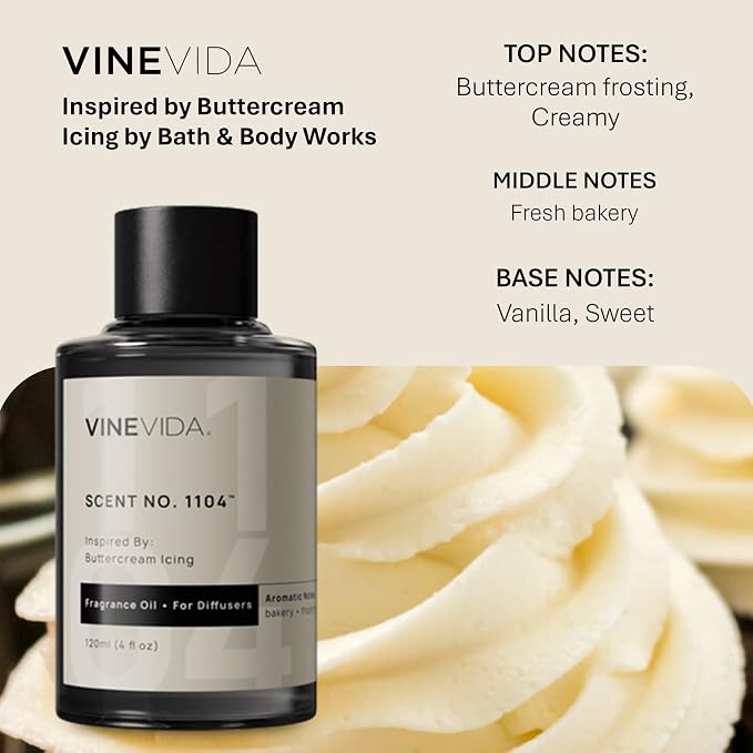 VINEVIDA [4 Fl Oz] Scent NO. 1104 Fragrance Oil for Cold Air Diffusers, Aromatic Notes of Buttercream Frosting, Creamy & Fresh Bakery Essential Oils for Diffuser Oil Refill & Air Freshener Room Spray