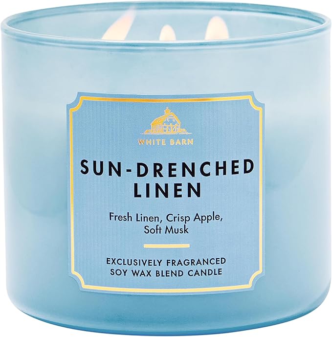 Bath & Body Works Sun-Drenched Linen 3-Wick Candle - Scented Candle for At-Home Use - Long-Lasting, Room-Filling Fragrance - High Fragrance Oil Concentration - Soy Wax Blend