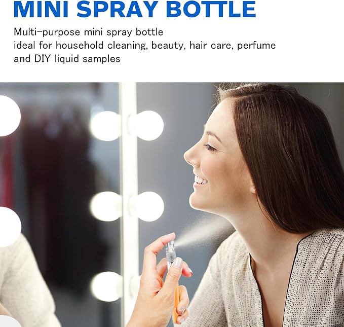 Mini Spray Bottle, Clear Plastic Empty Sample Containers, Fine Mist Perfume Travel Refillable Spray Bottle Perfume Atomizer Small Portable Bottle for Cleaning, Travel, Essential Oils (60, 5ml)