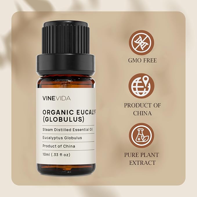 VINEVIDA Organic Eucalyptus Essential Oil 10 mL - Undiluted, Pure, Vegan, Free of Harsh Chemicals, Reusable Glass Bottle with Euro Dropper