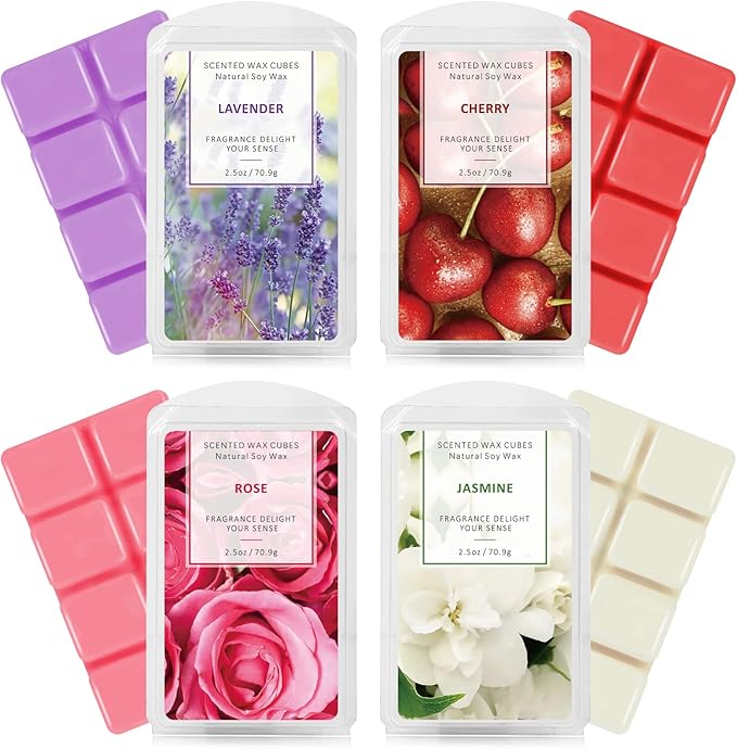 SCENTORINI Wax Melts, Scented Melts Cubes for Wax Warmers, Summer Flower Scent Wax Melts - Rose, Lavender, Jasmine, Cherry, Home Decor, 4 x 2.5 oz