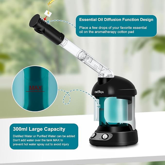 Facial Steamer, Nano Ionic Face Steamer for Facial Deep Cleaning Portable Ozone Steamer with Extendable 360° Rotating Arm, Humidifier for Home Salon Spa or Personal Care (Black)