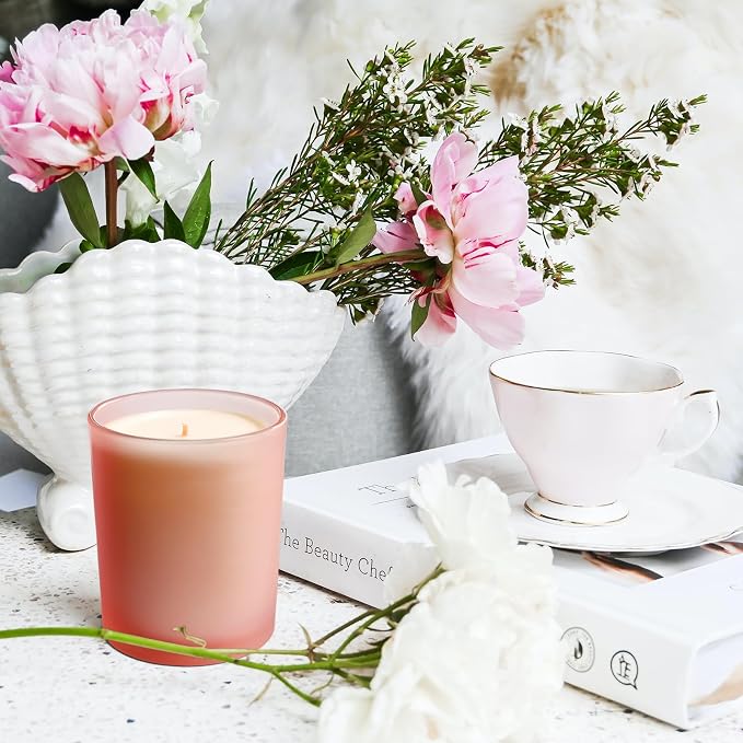 SHOWIN Thick Candle Jars for Making Candles 16 Pcs, 7 OZ Empty Jars with Wood Lids for Candle Making, Sample Container, Frosted Pink