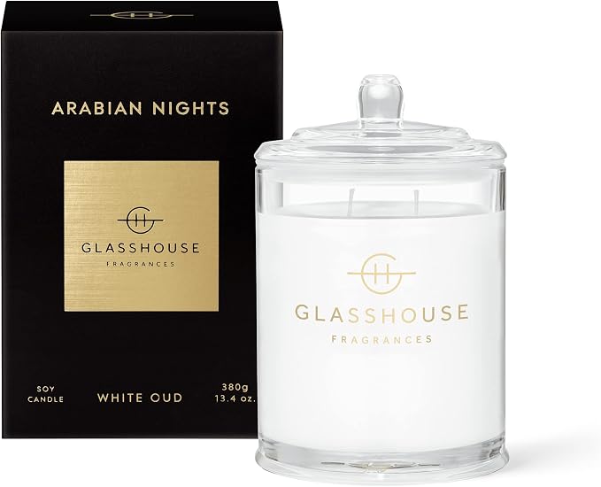 Glasshouse Fragrances Arabian Nights Candle, Triple Scented Natural Soy Wax Blend, 2 Wicks & Glass Jar, 65 Hour Burn Time, White Oud, 13.4 Oz (380g)