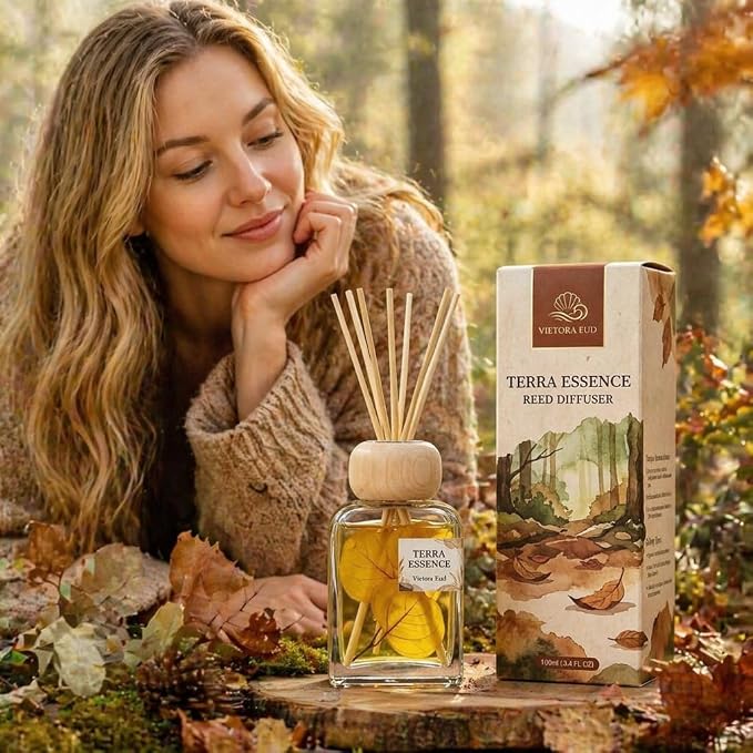 Terra Essence Reed Diffuser Set, Natural Wood & Forest Scent, Long Lasting Home Fragrance with Dried Leaves Decor, 100ml Essential Oil Diffuser for Living Room, Bathroom, Office, 3.4 FL OZ