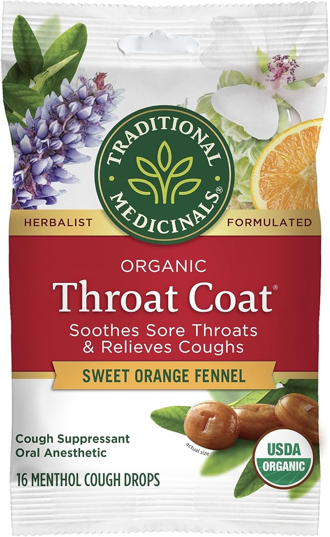 Traditional Medicinals Throat Coat Organic Cough Drops, Sweet Orange Fennel with Menthol, Soothes Sore Throats & Relieves Coughs, 16 Count (Pack of 2)