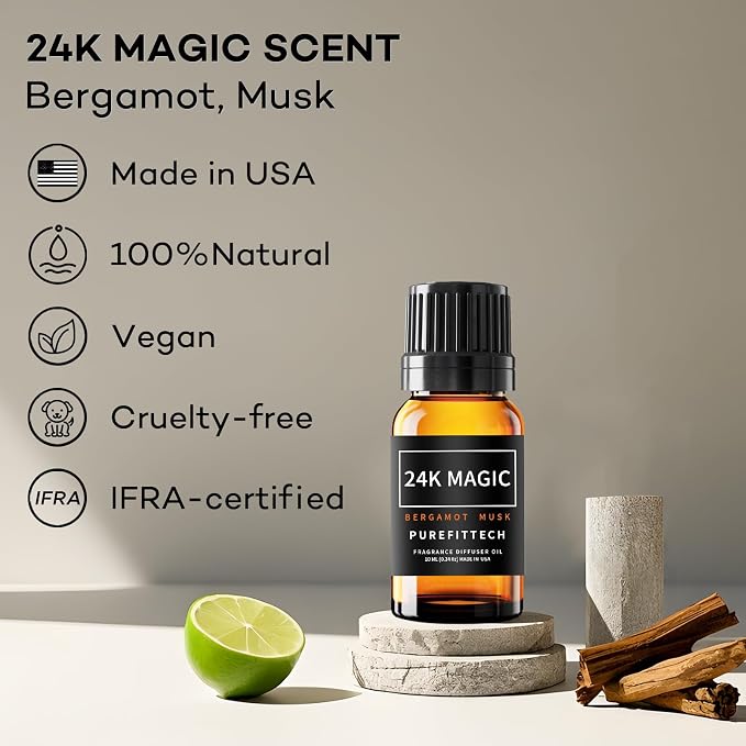 Purefittech Hotel Diffuser Oil 24K Magic Scent, Hotel Essential Oils for Home, Office, Spa,2Pack 10mL*2, 0.34fl oz Hotel Collection Diffuser Oil for Diffusers & Humidifiers，Made in USA