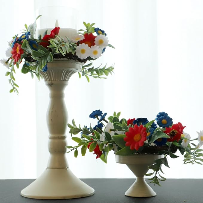 Independence Day Candle Ring 2 Pcs 3'' (Inner) 6'' (Outer) Diameter Floral Candle Rings Artificial Flowers Red-White-Blue Mini Wreaths Ideal Independence Centerpiece for Patroic Decor