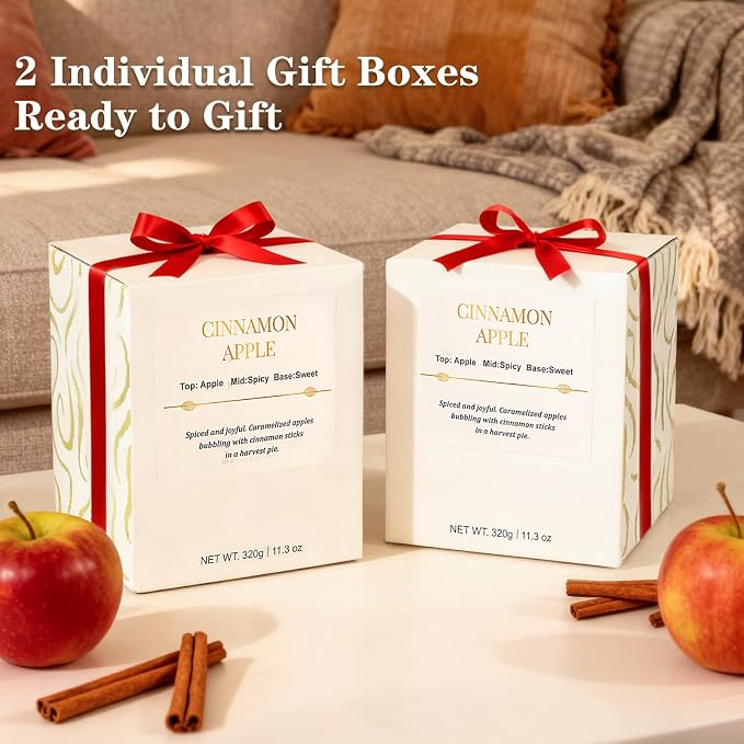 Scented Candles for Home,2 Pack Wood Wick Cinnamon Apple Scented Candles,Long Lasting Natural Soy Wax Candles with Gift Boxes,Cozy Aromatherapy Candle for Home Decor