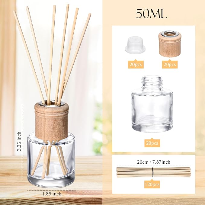 Roshtia 20 Set Reed Diffuser Bottle Empty Refillable Fragrance Glass Diffuser Bottles Set with Wooden Caps Sticks 50ml 1.7 oz Round Glass Jars for DIY Fragrance