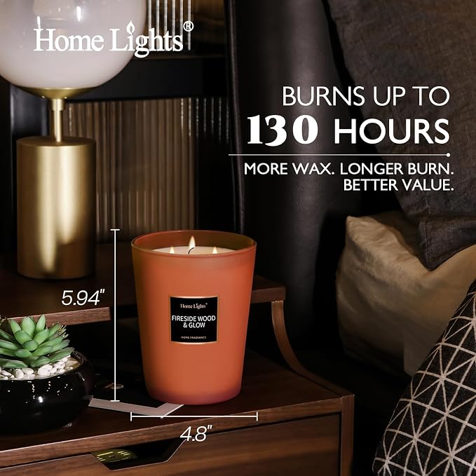 HomeLights Scented Candles - Large Jar Aromatherapy, Natural Soy Wax, 130 Hour Long Burning, Fireside Wood & Glow