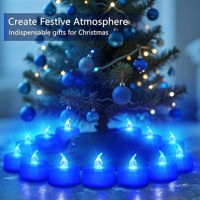 Tea Lights Battery Operated Candles LED Tea Lights Flameless Candles 200+ Hours Flickering Fake Tealights for Sweetest Day Wedding Home Decorations Party (Blue Base, 24 Pack)