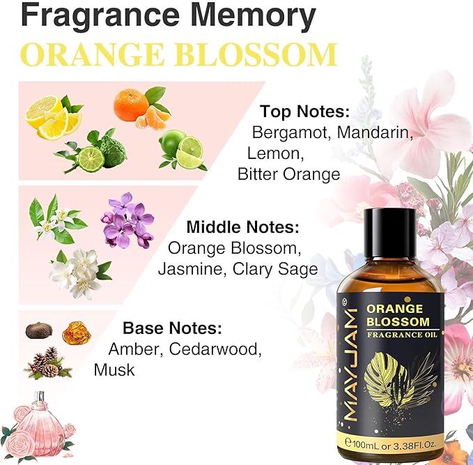 MAYJAM 100ML/3.38FL.OZ Orange Blossom Fragrance Oils with Glass Dropper, Essential Oils for Diffusers, Long Lasting Scented Oils for Soap Candle Making