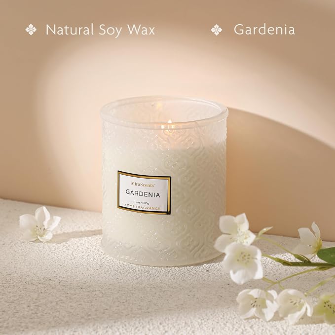 Gardenia Candle - White Floral Fragrance | 19 oz Large Soy Wax Candle in Embossed Glass Jar | Long Lasting Decorative Candle for Home Decor Gift for Women