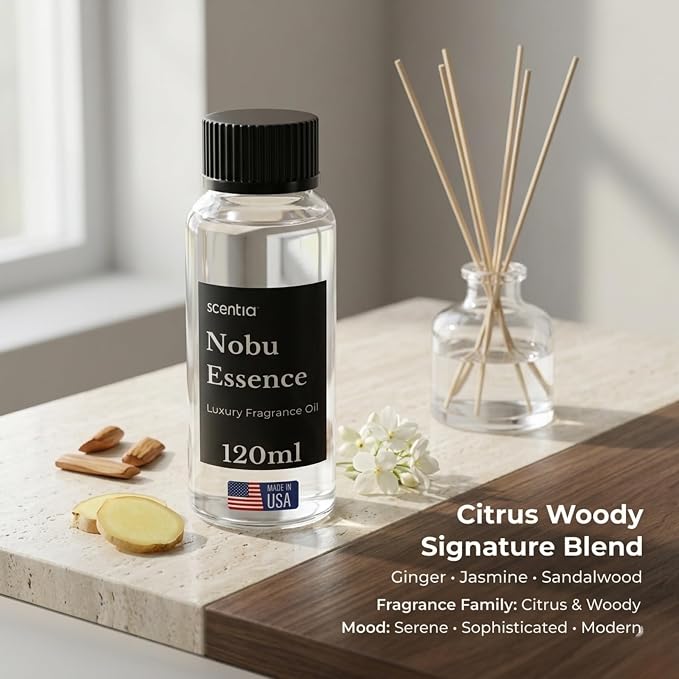 Scentia Nobu Essence Diffuser Oil Refill – Hotel Fragrance Oil Inspired by Nobu Hotel – 120 mL – Jasmine, Lily & Sandalwood Long-Lasting Scent for Ultrasonic & Waterless Diffusers, Made in USA