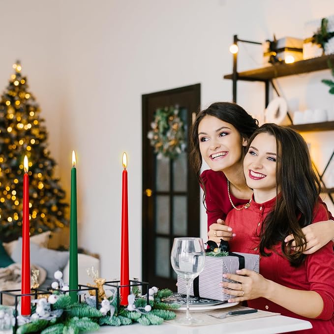 4 Green and 4 Red Taper Candles for Christmas, 12 Inch Unscented Long Candlesticks for Home, Dripelss Thin Candles for Holiday Party Decoration