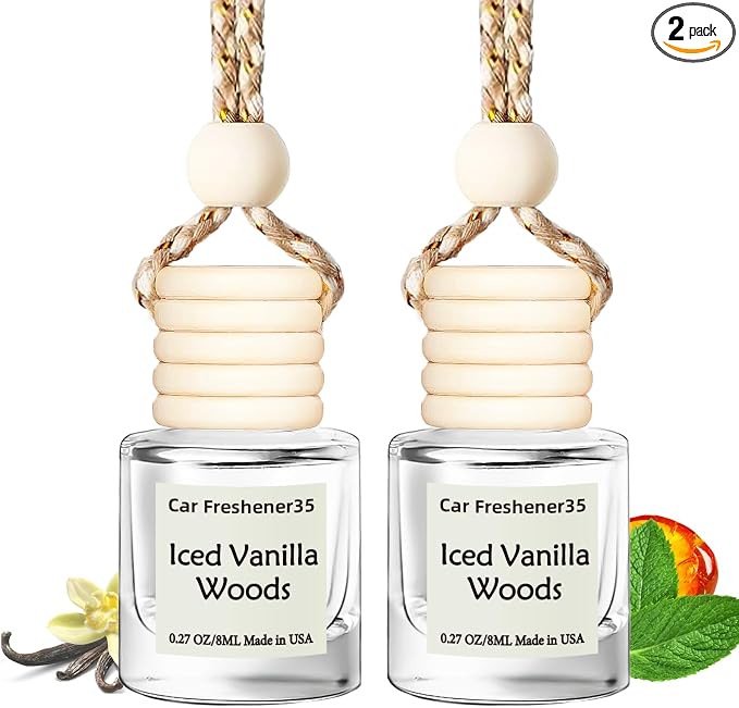 Hanging Car Air Freshener, Long Lasting Essential Oil Diffuser, Non-Toxic Iced Vanilla Woods Scent, Cute Car Fresheners for Women, 2 Pack Made in USA
