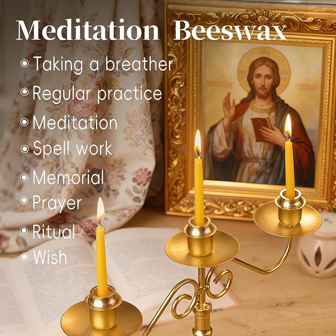 Beeswax Meditation Candles, 20 Minute Mini Taper Candles with Candle Holder | Beeswax,12Pack,Chime,Prayer,Non Toxic,Small,Spell,Birthday,Shabbat,Ritual,Yellow,Natural,Unscented,Witchcraft,Altar,Orthodox