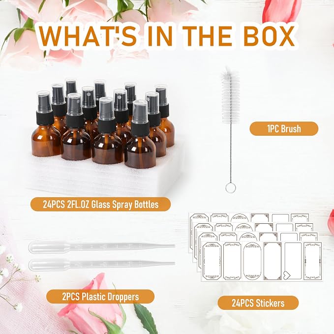 2 oz Glass Spray Bottles 24 Pack, Amber Leakproof with Concentrated Fine Mist Sprayer, Durable Refillable Containers for Perfumes, Pet Spray, Essential Oils, Face Mist - Great Value Set, Travel Size
