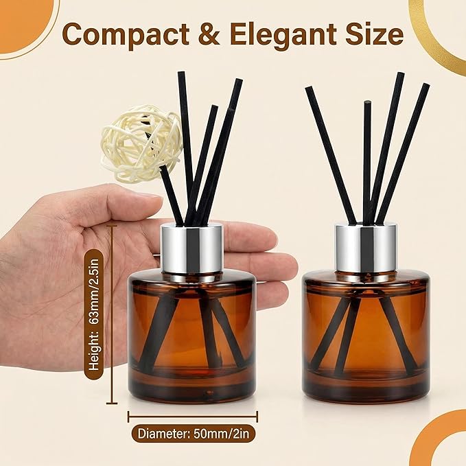 2Pcs 50ML/1.7OZ Empty Glass Diffuser Bottles Essential Oils Containers DIY Replacement Aromatherapy Diffuser Fragrance Accessories for Home Bathroom Decoration(Amber)