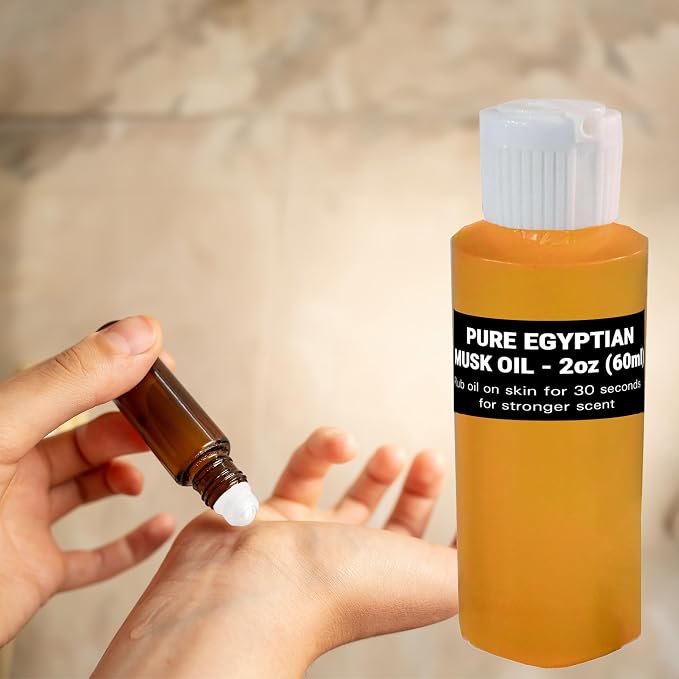 AromaZen Pure Egyptian Musk Oil 16oz (473ml) for Women & Men with Amber Glass Empty Roll On Bottle 10ml - Best Original Fragrance Aromatherapy Perfume Cologne Essential Body Oil in Bulk (2oz)