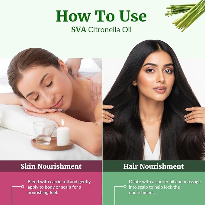 SVA Citronella Essential Oil 4 Fl Oz – for Aromatherapy, Diffuser, Skin & Hair Care – Ideal for Massage & DIY Blends - with Dropper