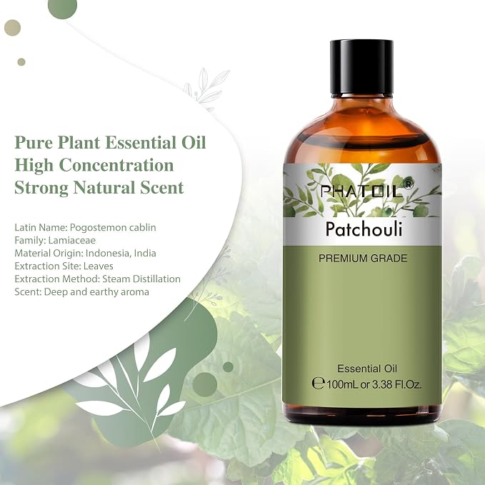 Patchouli 3.38fl.oz Essential Oil, PHATOIL Pure Aromatherapy Oils for Diffuser, Humidifier, Perfect for DIY Soap, Candle, Bath Bombs Making(100ml)