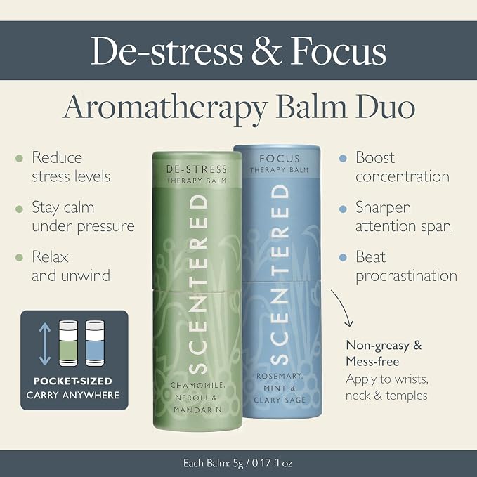 Scentered Aromatherapy Balm Sticks for Stress-Relief & Focus - Roll On Essential Oil Blends of Rosemary, Mint, Chamomile - Aromatherapy Gifts for Women - De-Stress & Focus