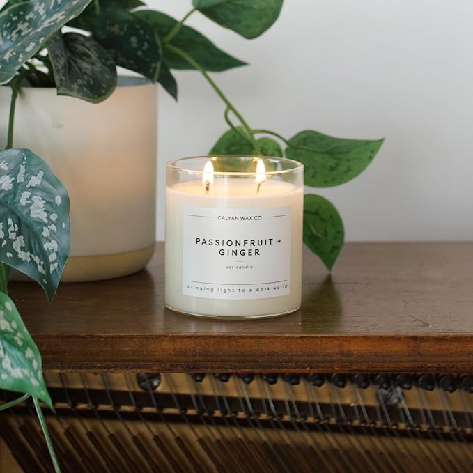 Calyan Wax Co. Passionfruit & Ginger 2 Wick Scented Candle - 37 Hour Burn - Luxury Clean Soy Wax Candles - Long Lasting Large Glass Jar Candle for Home - 8.8oz