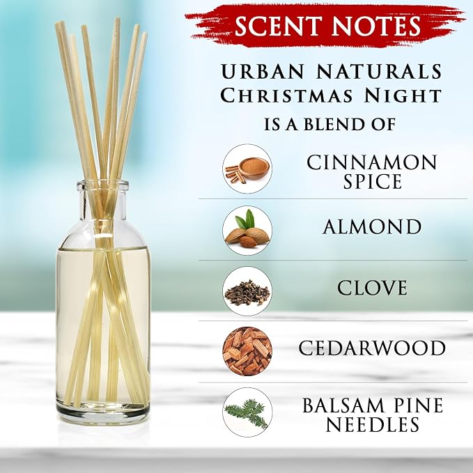 Urban Naturals Christmas Night Reed Diffuser Set - Cinnamon Spice, Almond, Clove, Cedarwood, Fresh Balsam and Fir Needle - Made in the USA