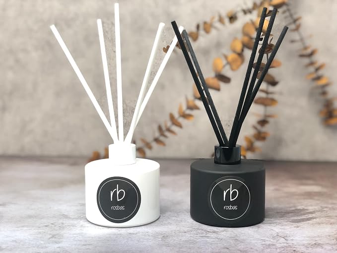rosbas Pomegranate Cider Reed Diffuser Set - White Glass Bottle - 6 fl oz with Elegant Gift Box - High Performance Fiber Reeds - Handcrafted in USA