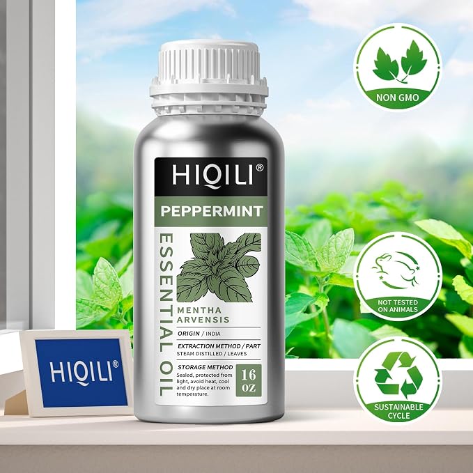 HIQILI Peppermint Essential Oil 16 oz Aromatic Oil for Freshening Air, Hair Care, DIY Soap, SPA & Home Use