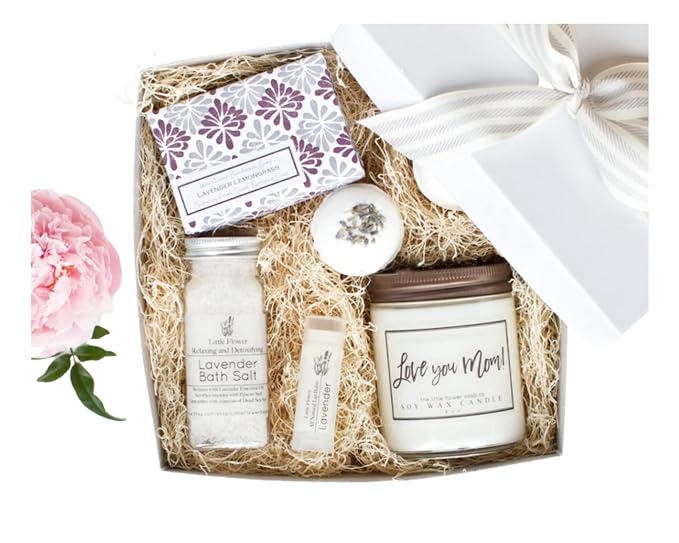 The Little Flower Soap Co. Est. 2010 Luxury Spa Day Gift for Women - Relaxing Lavender Essential Oil Spa Day Self Care Kit Mother's Day Gift Ideas Valentines Day for Mom