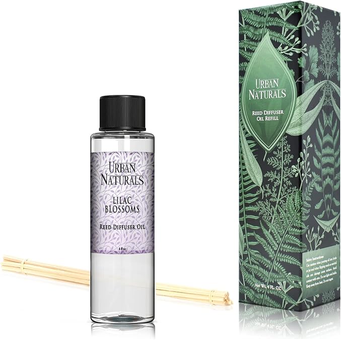 Urban Naturals Reed Diffuser Oil Refill, Lilac Blossoms Oil for Diffuser with Lilac, Violets, Lily of the Valley, 4 oz + Free Reed Sticks, Made in the USA