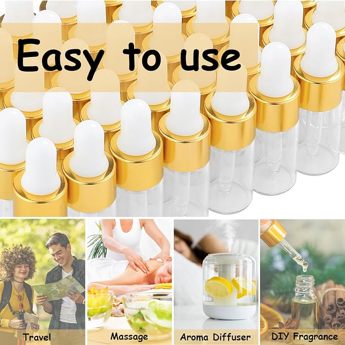 Small Dropper Bottle 3ml – 100pcs Clear Glass Bottles with Golden Collar for Essential Oils, Serums, Perfume Samples, Crafting, DIY Skincare, Travel
