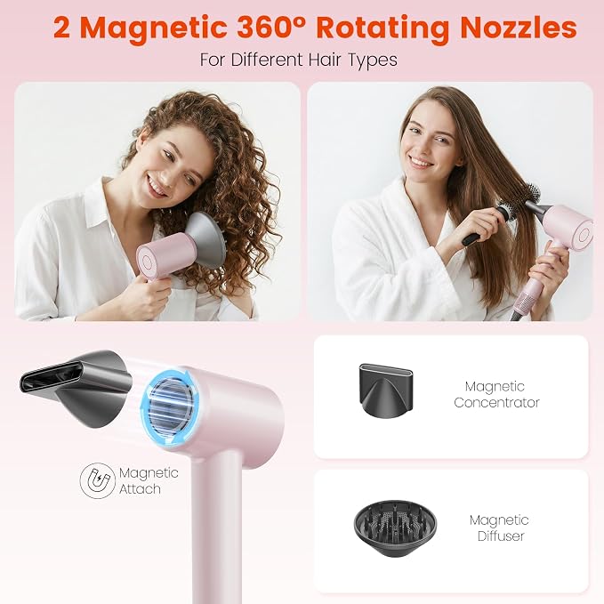 Hair Dryer, 160,000 RPM High-Speed Ionic Blow Dryer with Brushless Motor for Fast Drying, 500 Million Ions Frizz Control, Low Noise Hairdryer with Magnetic Diffuser & Nozzle for Curly Hair Home Travel