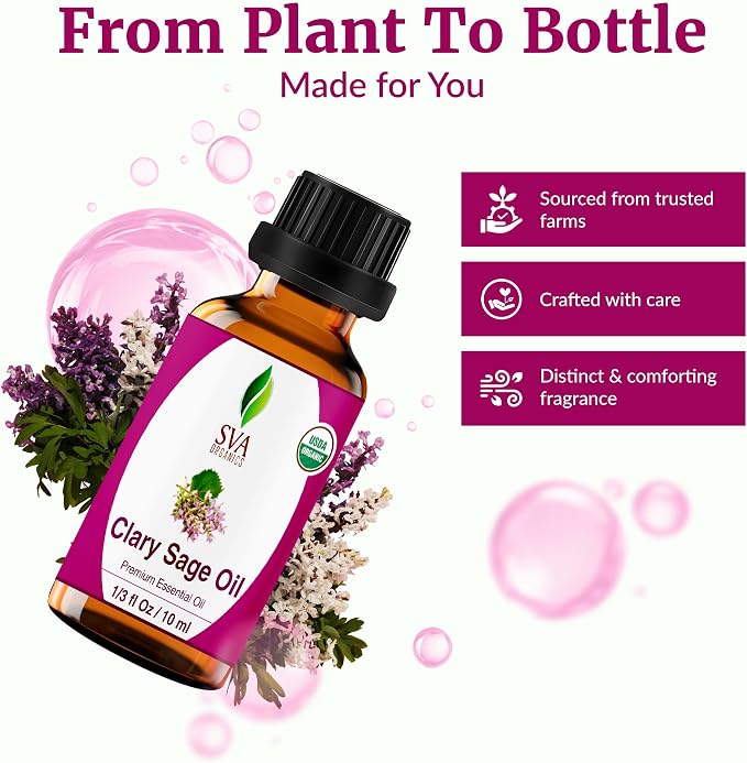 SVA Clary Sage Essential Oil Organic – 1/3 Fl Oz – 100% Natural Organic Clary Sage Oil - for Diffuser, Hair Care, Face, Skin Care, Aromatherapy, Scalp and Body Massage, Soap and Candle Making