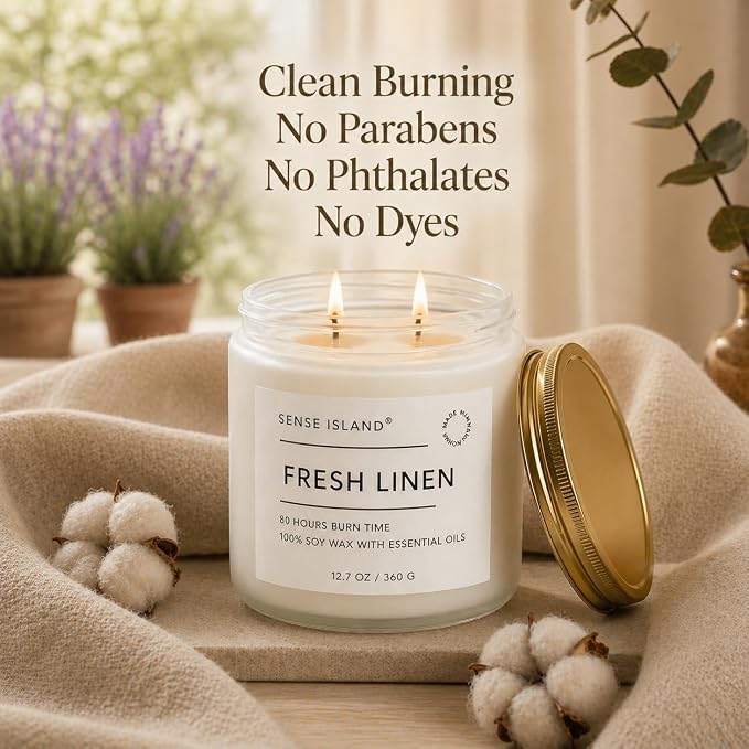 Clean Linen Scented Candle 12.7 oz – Large Fresh Linen Candle for Home, 80+ Hour Long Lasting, 100% Natural Soy Wax, 2 Wicks Clean Cotton & Soft Floral Scent, Elegant Candle Gift for Women & Men