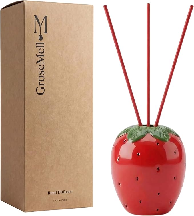 Strawberry Scented Reed Diffuser Set – 6.76 fl oz (200ml) with Sticks, Creative Strawberry-Shaped Ceramic Design for Home, Bedroom & Bathroom Decor, Long Lasting Aromatherapy Gift