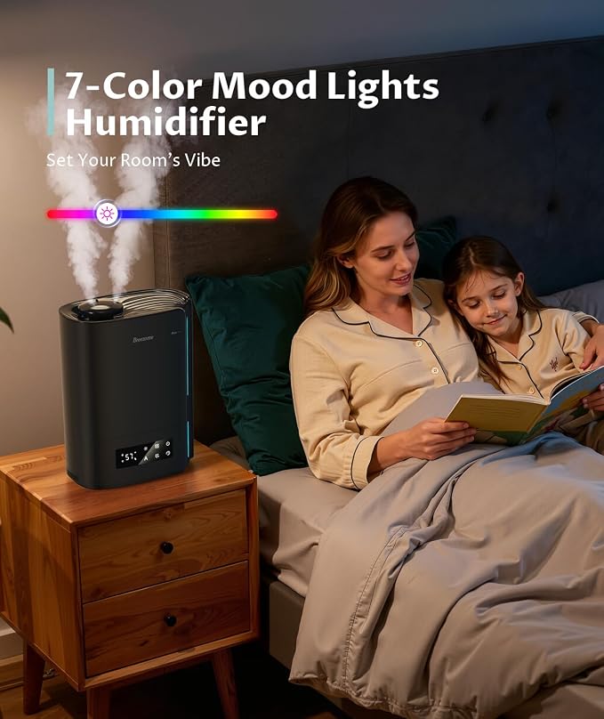 BREEZOME 6L Humidifiers for Bedroom Large Room & Essential Oil Diffuser, Ultrasonic Top Fill Cool Mist Humidifiers for Baby, Plants, Nursery Last up to 60 Hours, Smart Humidistat Control, Quiet, Black