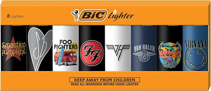 BIC Special Edition Rock Bands Series Maxi Pocket Lighters, Smashing Pumpkins, Foo Fighters, Nirvana, Van Halen, Set of 8 Lighters