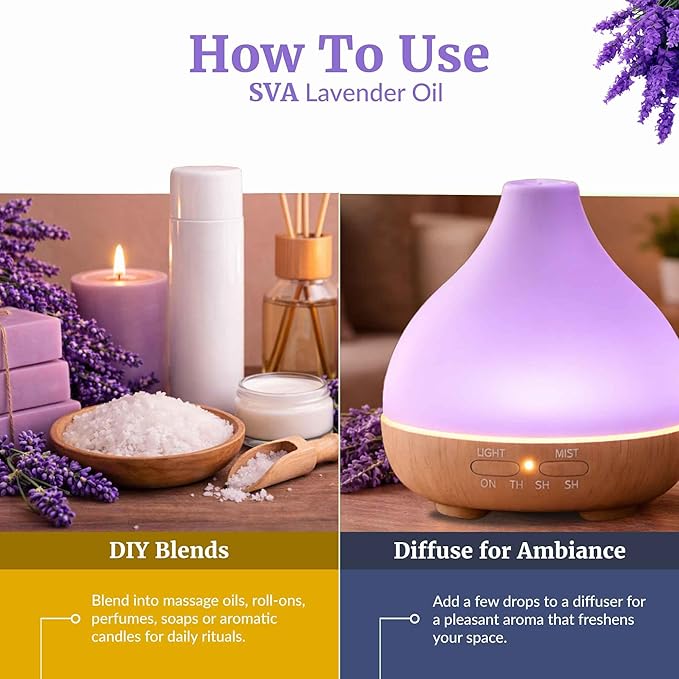 SVA Lavender Essential Oil Organic – 2 Fl Oz – 100% Natural Organic Lavender Oil - for Diffuser, Hair, Face, Skin Care, Aromatherapy, Scalp and Body Massage, Soap and Candle Making - with Dropper