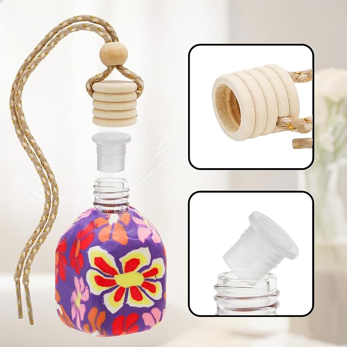 Covzoe 30 Pack Car Diffuser Bottles, Refillable Hanging Car Air Freshener Glass Bottles Bulk, Empty Soft Clay Perfume Bottle Pendant for Fragrance Perfume Aromatherapy, Color Random