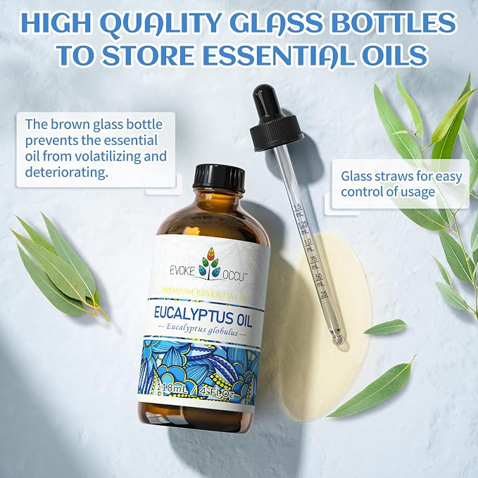 EVOKE OCCU Eucalyptus Essential Oil for Diffuser, Aromatherapy, Shower, Clear Breath, Add to Body Wash, Soap and Candle Making - 4 Fl Oz