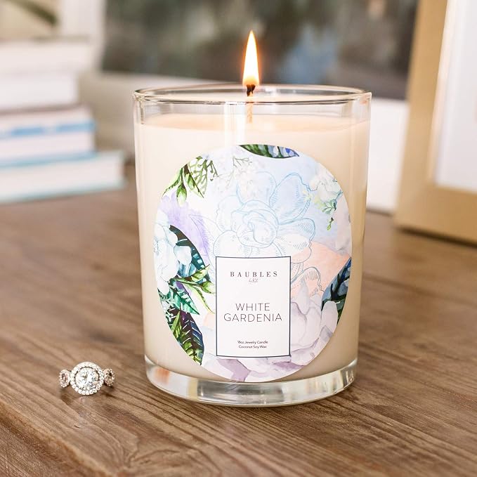 Kate Bissett Baubles White Gardenia Scented Premium Candle and Jewelry with Surprise Ring Inside | 18 oz Large Candle | Made in USA | Parrafin Free | Size 10