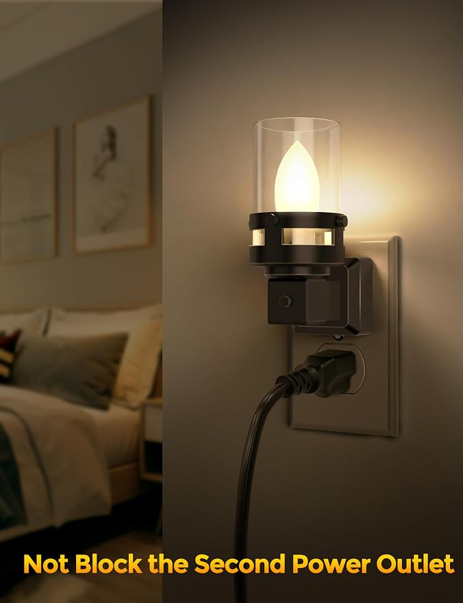 Briignite Candle Night Light Plug in [2 Pack], Vintage Night Lights Plug into Wall, LED Night Light with Dusk to Dawn Light Sensor, 3000K Warm White Candle Nightlight for Kids Hallway Bathroom Bedroom