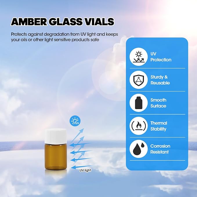 12PCS 2ml Amber Glass Vials with White Screw Caps and Plastic Stoppers, 1/2 Dram Leak-Proof Small Liquid Sample Bottles for Essential Oils, Perfumes, Reagents