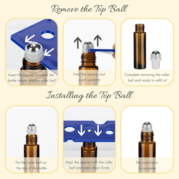 10ML Essential Oil Roller Bottles, 4 Pack Brown Gold Oil Roller Bottles for Essential Oils, Roll on Bottle with Stainless Steel Balls(4 Labels, Opener, Funnel, Dropper Included)