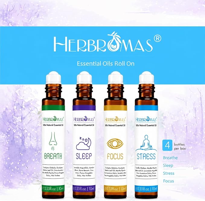 Aromatherapy Oils Roller Set, Natural Pre-diluted Essential Oils Roll On with Glass Rollerball, Relaxation Gift for Women & Men, Christmas Gift, Pack 4 x 0.33fl.oz