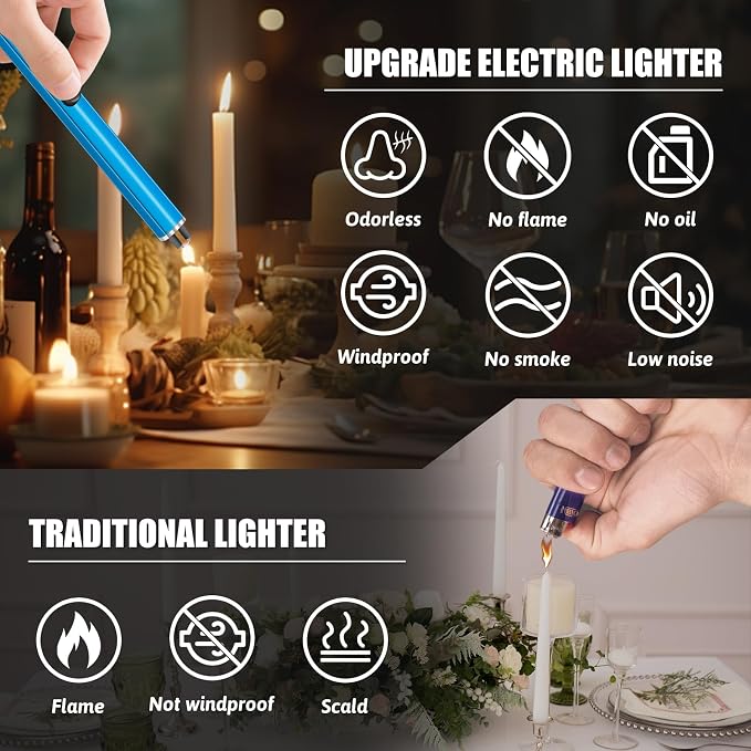 2 Pack Electric Candle Lighters, USB Rechargeable Lighter with Windproof Flameless & Extended Handle, Suitable for Candles, BBQ, Camping, Gas Stove, Festivals Gift (Blue, 2 Packs-B)